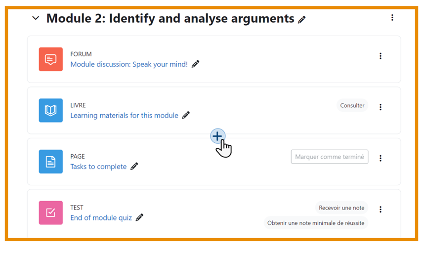Capture d'écran de Moodle au sujet de la création d'activités