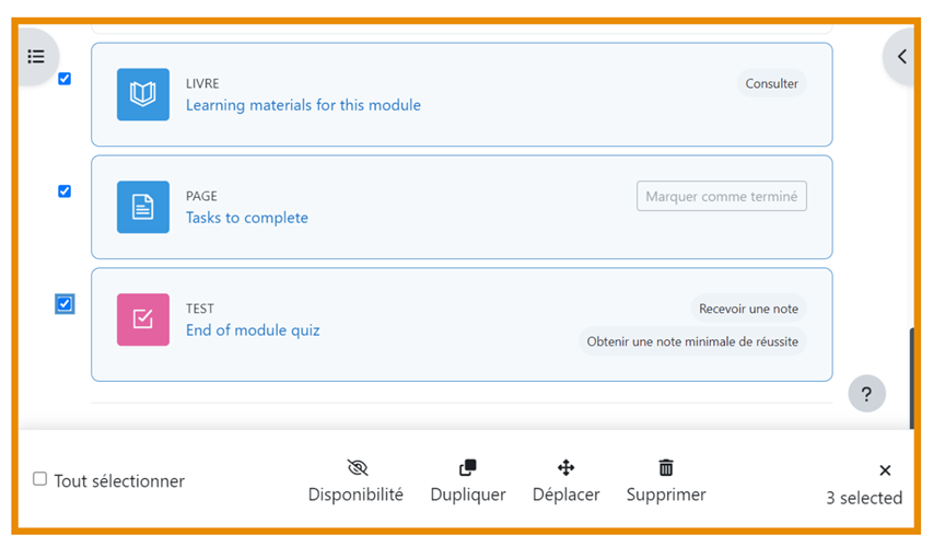 Capture d'écran de Moodle au sujet de l'action de masse