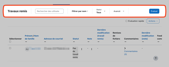 Capture d'écran de Moodle au sujet des filtres et actions